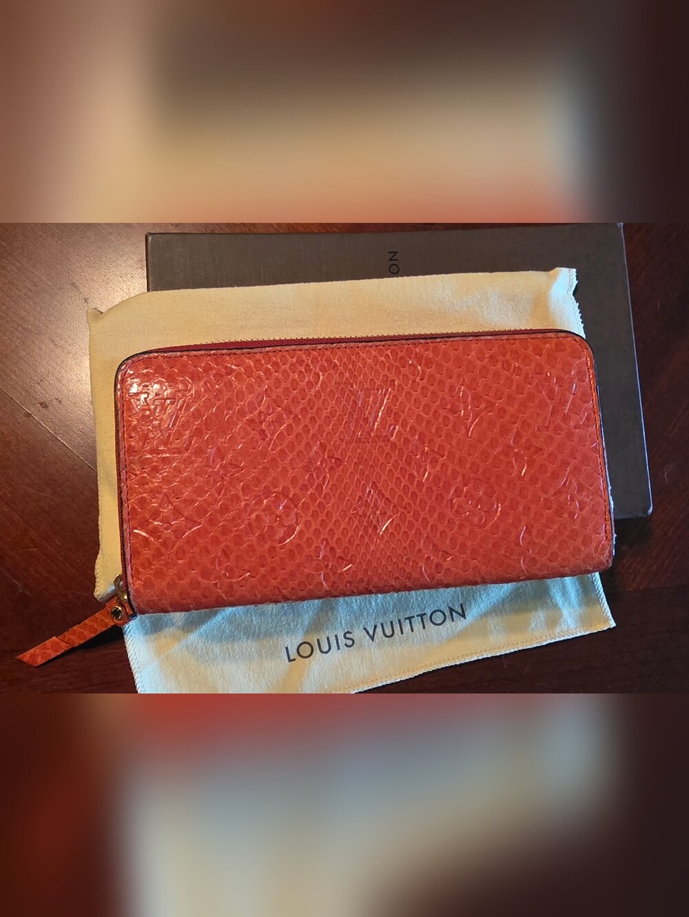 LOUIS VUITTON EXOTIC ORANGE AUTHENTIC PYTHON ZIPPY LONG WALLET/Full Set